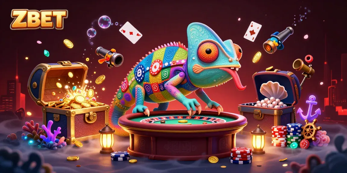 ZBET showcases a vibrant casino scene with a chameleon owner amidst treasures and games.