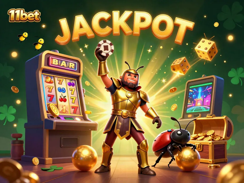 Experience the excitement of 11bet with a victorious hercules beetle celebrating a jackpot in a dynamic casino scene.