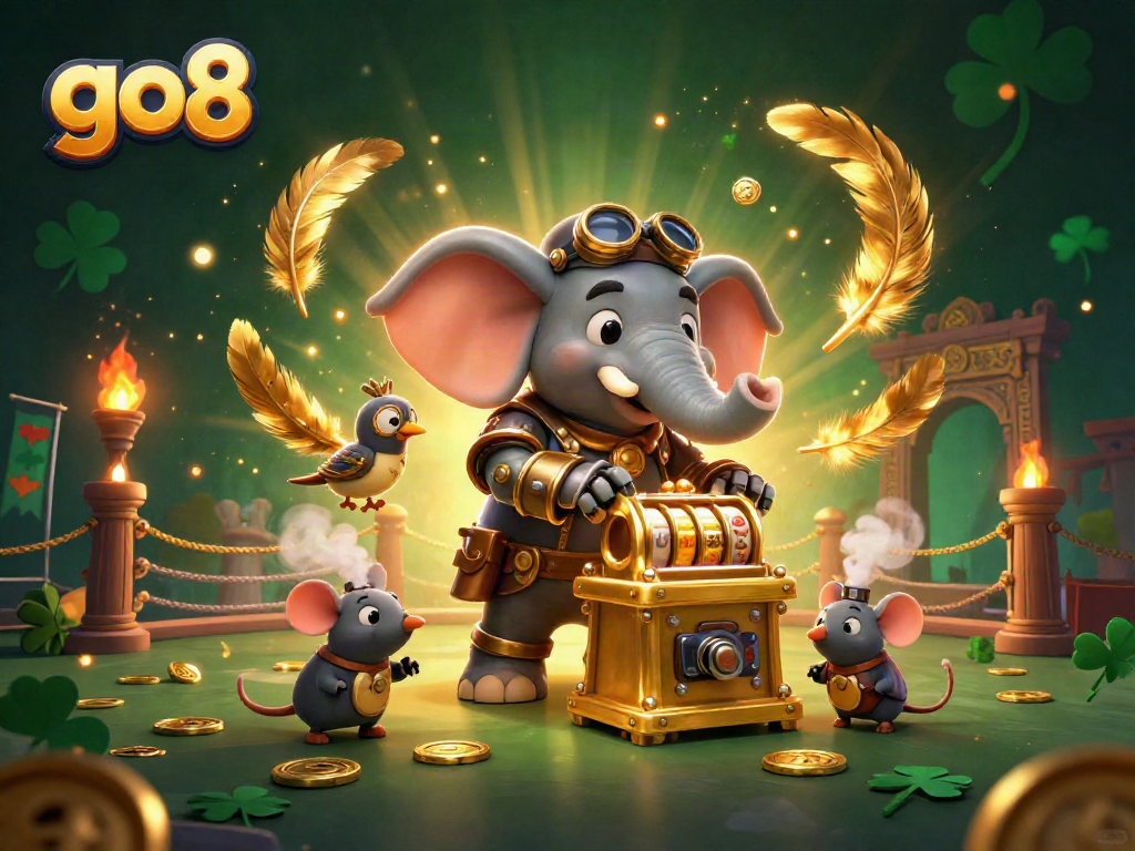go8 slot machine scene featuring a steampunk elephant engineer and casino elements.