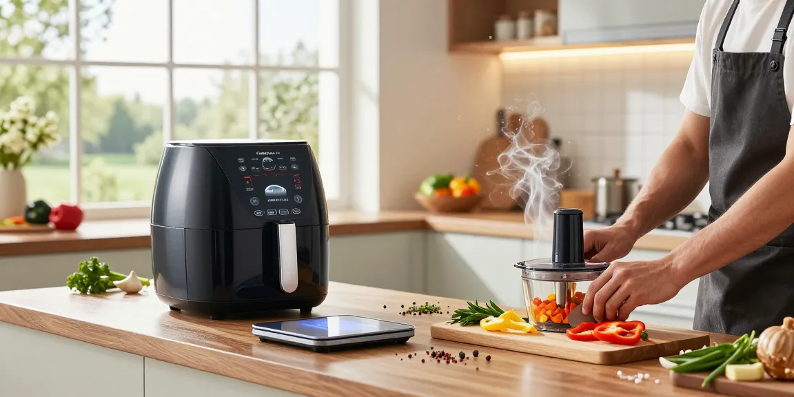 Engaging home cook using smart kitchen gadgets for meal preparation, showcasing innovation and convenience in cooking.