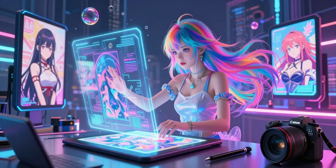 Explore ecchi AI art through a vibrant digital scene featuring anime aesthetics and futuristic technologies.