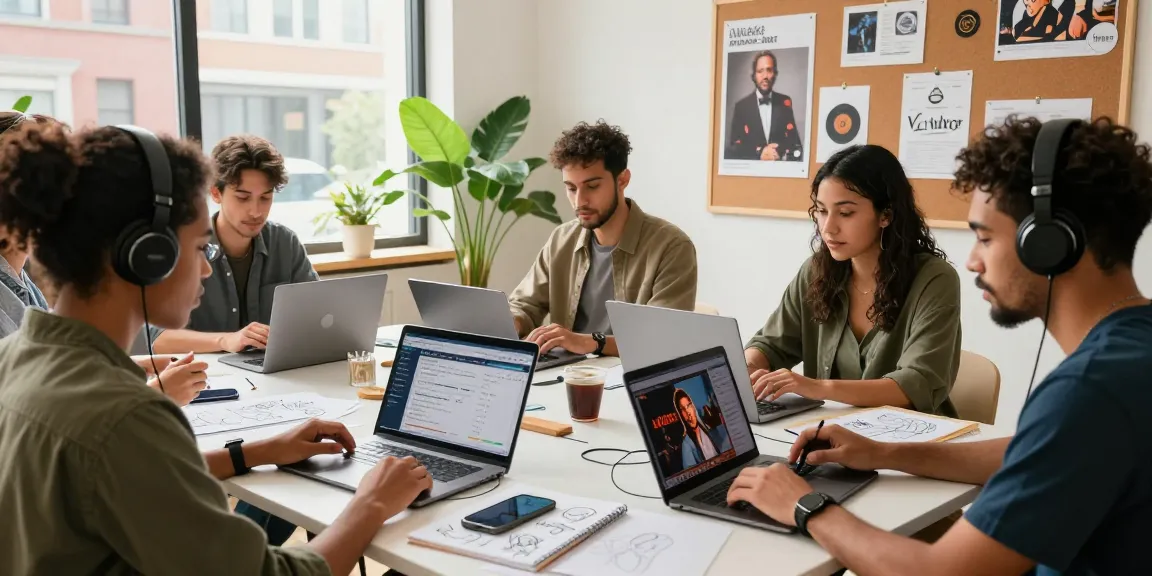 Social media promotion collaboration among musicians, analytics on laptops, vibrant urban workspace.