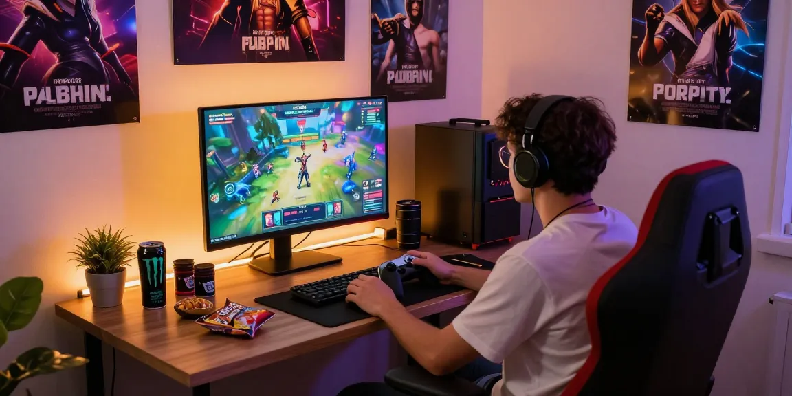 Gamer enjoying online porn games in immersive gaming setup with vibrant visuals.