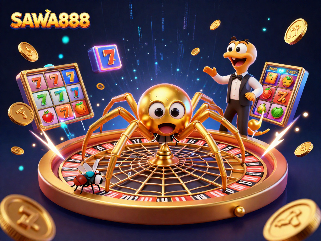 Experience the thrill of SAWA888 with a dynamic 3D casino illustration featuring a golden spider and a roulette wheel.
