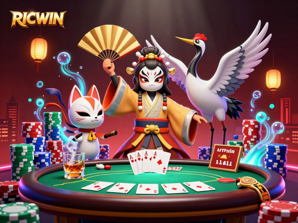 Engage in exciting poker with RICWIN, featuring vibrant characters and dynamic casino elements.