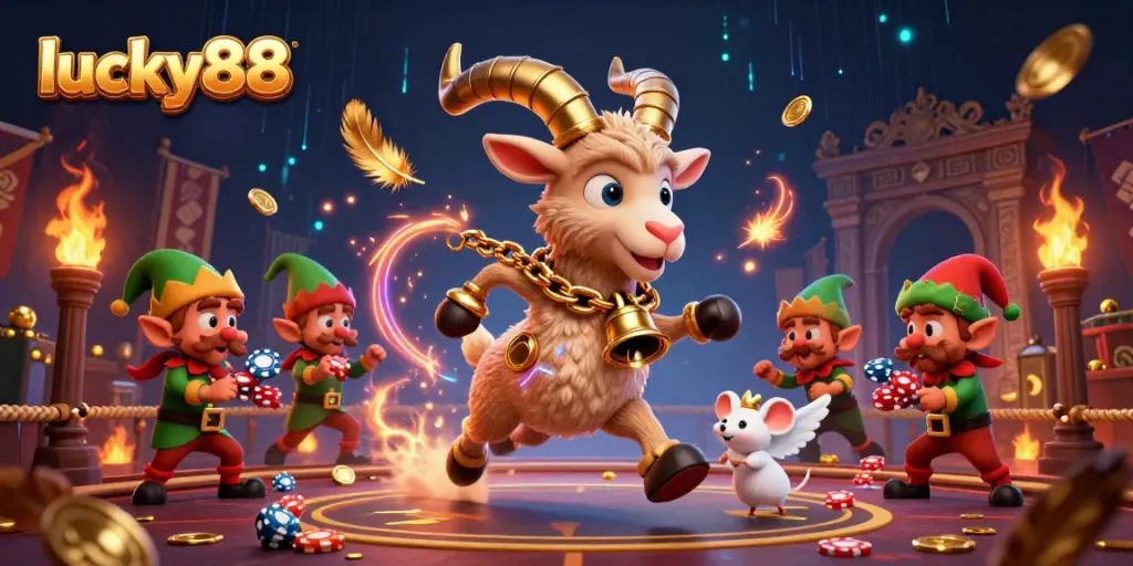 Experience the exciting atmosphere of lucky88 with festive casino chaos featuring playful characters.