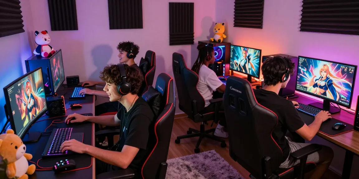 Friends playing hentai game online in a vibrant gaming setup with RGB lights.
