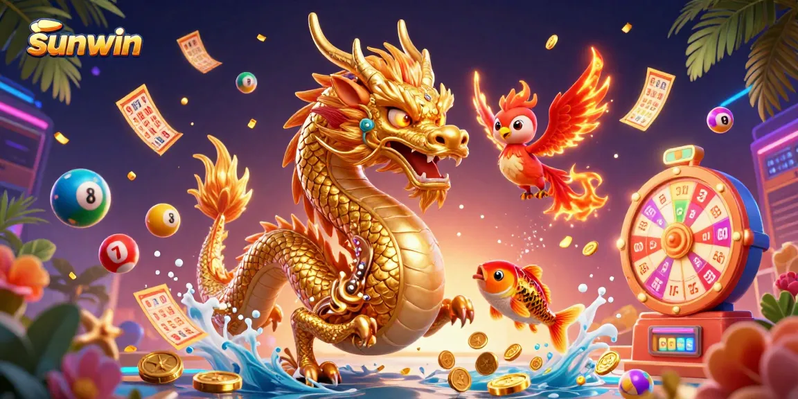 Sunwin offers thrilling gaming excitement featuring a golden dragon, vibrant lottery elements, and rich colors.