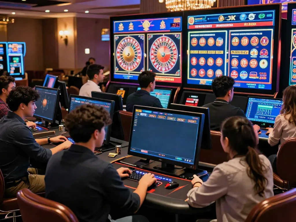 Exciting gaming scene at online credit card casinos with diverse players enjoying digital games.