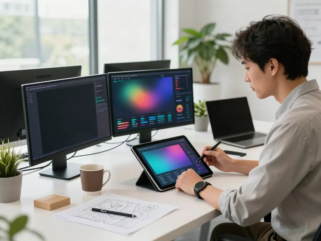 Click for info in a modern digital marketing workspace showcasing a strategist at work.