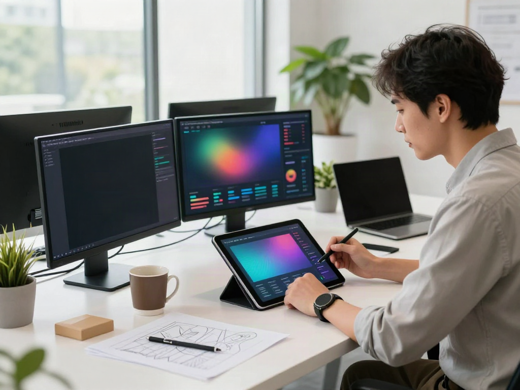 Click for info in a modern digital marketing workspace showcasing a strategist at work.