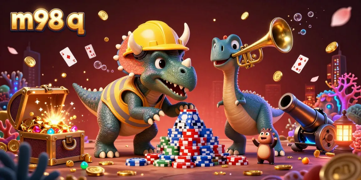 Engage with the vibrant scene of m98 q where a triceratops builds poker chips amid gold coins, treasure, and lively celebrations.