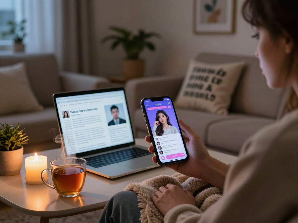 Engaging in sex chat ai on a smartphone in a cozy living room.