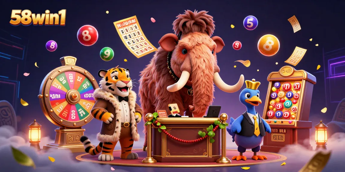 Experience the thrill of 58win1 with vibrant lottery balls and a colorful casino scene.