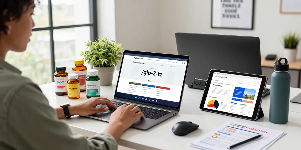 Explore koiaminos.com/catalog/glp-2-tz in a vibrant e-commerce workspace with product samples and analytics.
