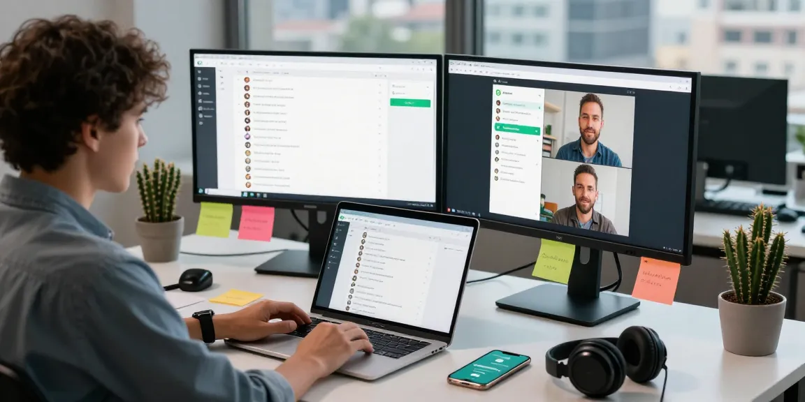 User interacting with WhatsApp網頁版 on a laptop in a modern office workspace.